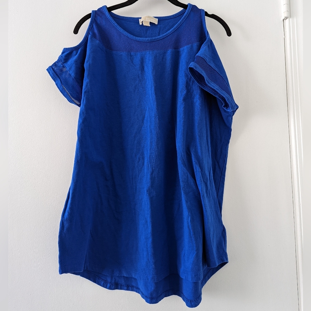 Michael Michael Kors Sz XL Blue Short Sleeve Shoulder Cut-out and Mesh Top
